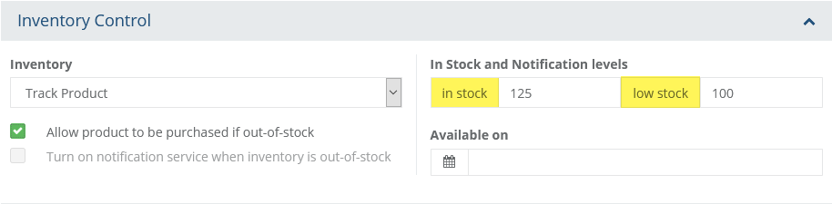 Inventory control at the product level image showing stock and low stock values