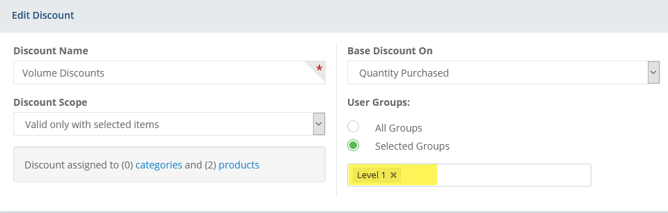 Discount assigned to a member group image showing a discount with group assignment