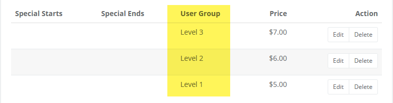 Creating member group pricing image showing 3 price levels assigned to 3 groups