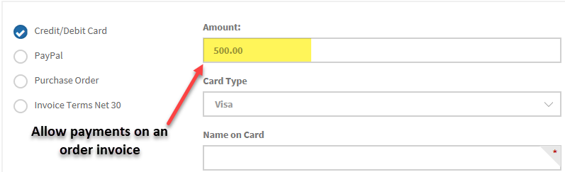 Make deposit payment on an order image showing customer entering a custom payment amount