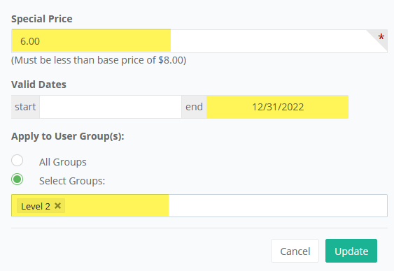 Setup member price levels for a product image showing a price level assigned to a group