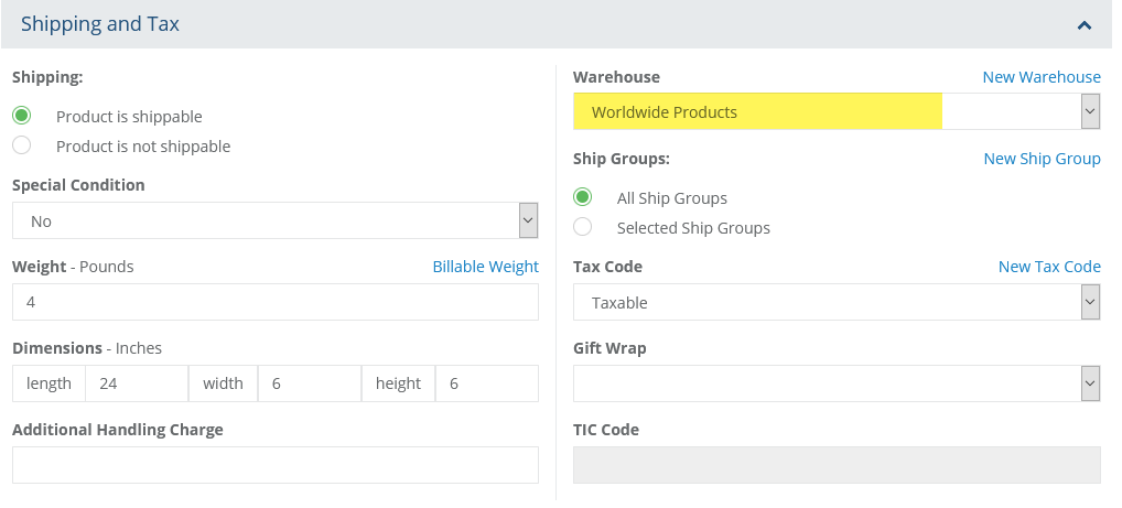 Assigning Warehouses to Products for shipping image showing product with warehouse assigned