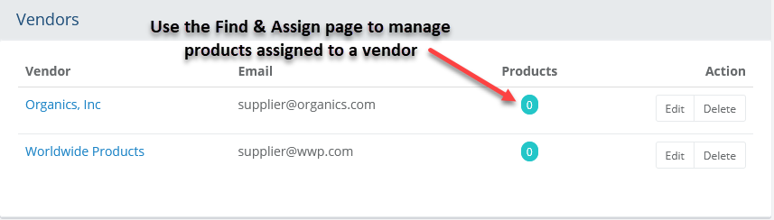Creatings vendors for drop-ship image showing a few vendor records and product assignments