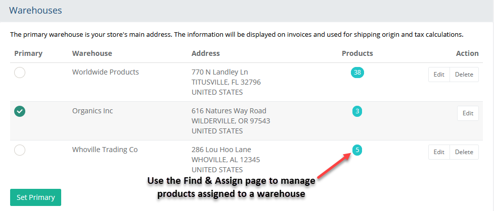List of Warehouses created to ship products image showing warehouses and product count