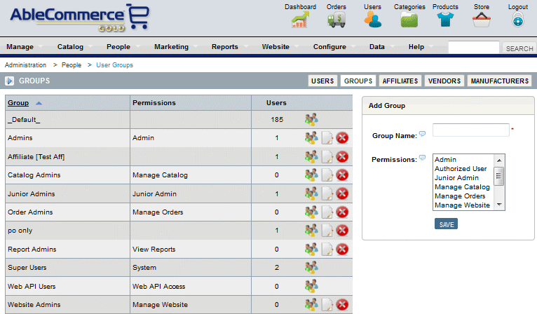ecommerce groups and user management user manage