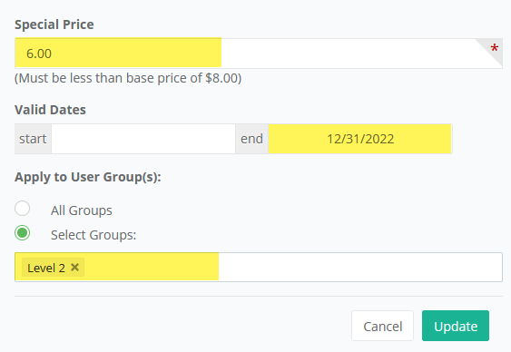 image showing a price level assigned to a group