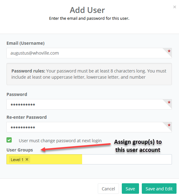 image showing a new user record and assignment to member group