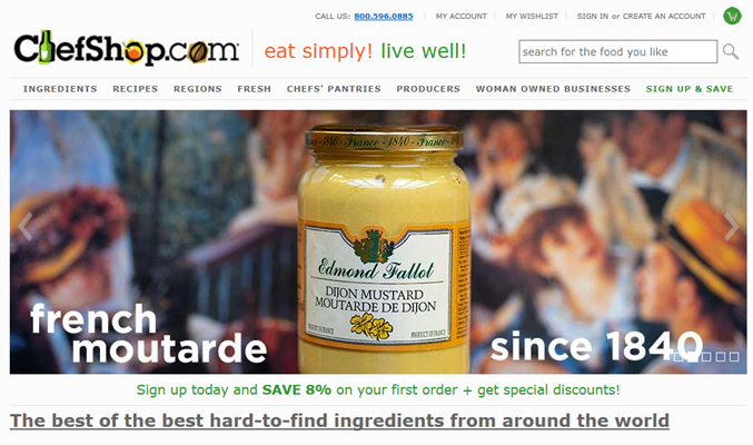 ChefShop.com image of customer home page at chefshop.com