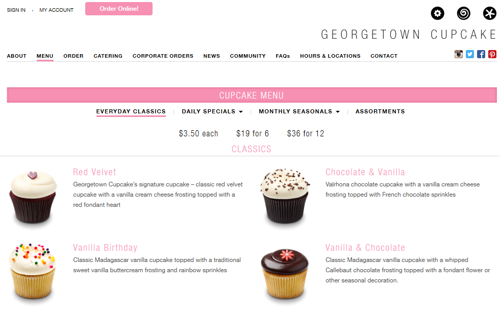 georgetowncupcake.com image of customer menu at georgetowncupcake.com