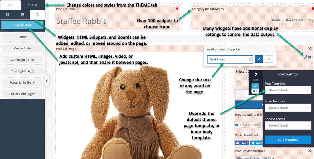 Easy website editing image of a product page in design mode