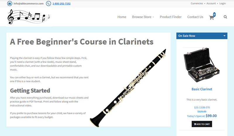 Sample Music Store image showing free content and clarinet