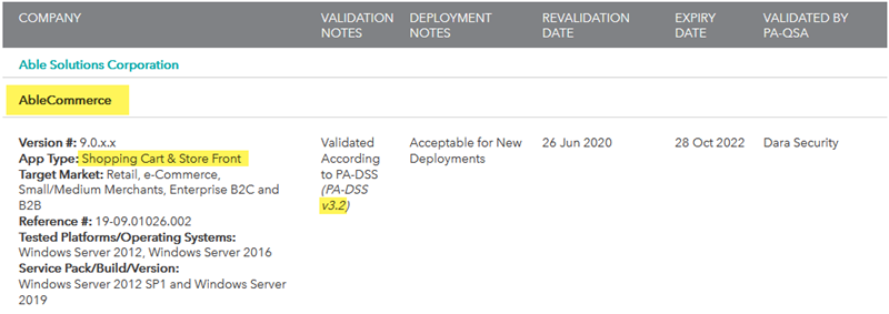 Certified Payment Solution image a PA-DSS 3.2 certification for AbleCommerce